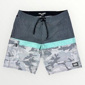 Pelagic High Performance Board Shorts Cargo Pocket Grey Camo Stretch Swim Trunks